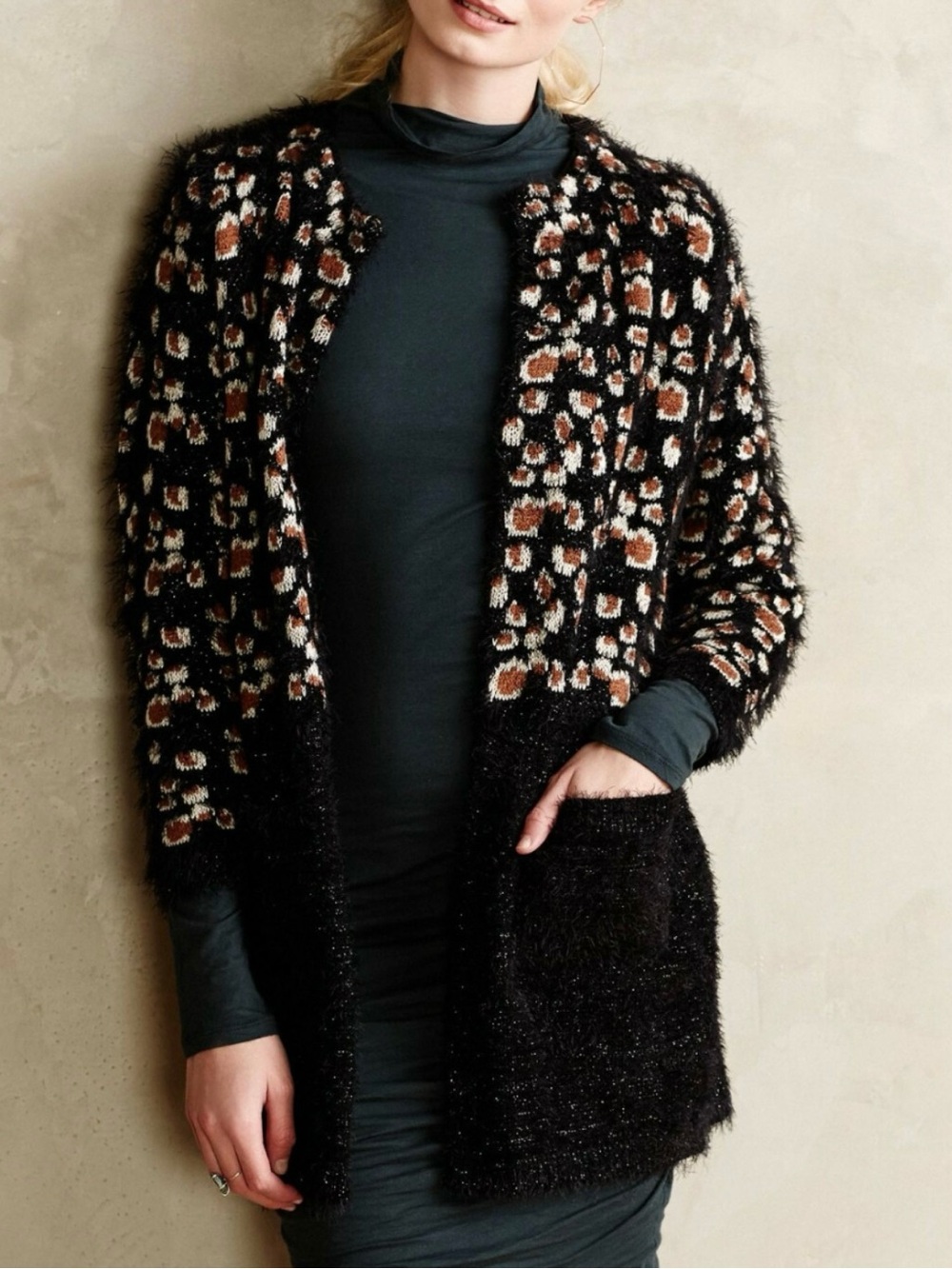 Anthropologie La Fee Verte Feathered Leo long Cardigan XS Black Leopard Motif